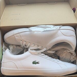 Lacoste White Canvas Low-Top Sneakers with Green Crocodile Logo